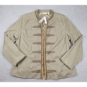 Chicos Beaded Military Jacket Khaki Tan Gold Embroidered Open Front Size 2 L